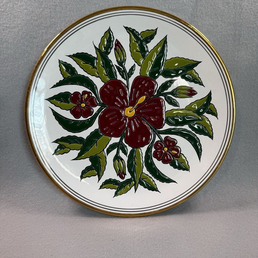 Vintage Manousakis Keramik Rhodes Greece Plate Handmade 24K Gold Red Hibiscus